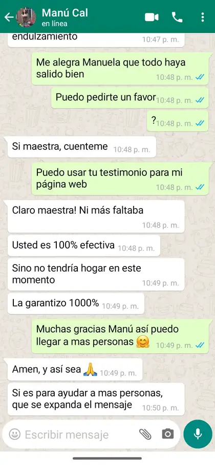 Testimonio de cliente por WhatsApp
